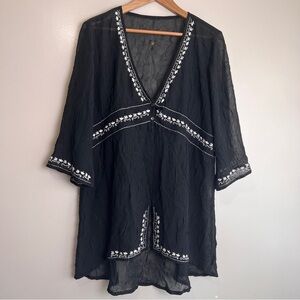 Black Sheer Coverup or Tunic with White Embroidery Crinkled Fabric 21.5” ptp EUC